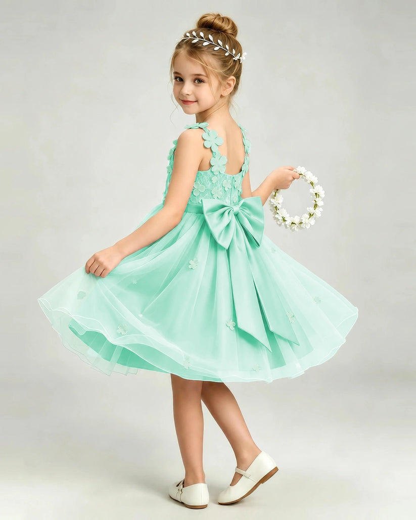 Turquoise Tulle A-line Girls Formal Dress Back View