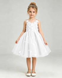White Flower Girl Dress 3D Floral Applique Spaghetti Strap Knee-Length A-Line Gown Front View