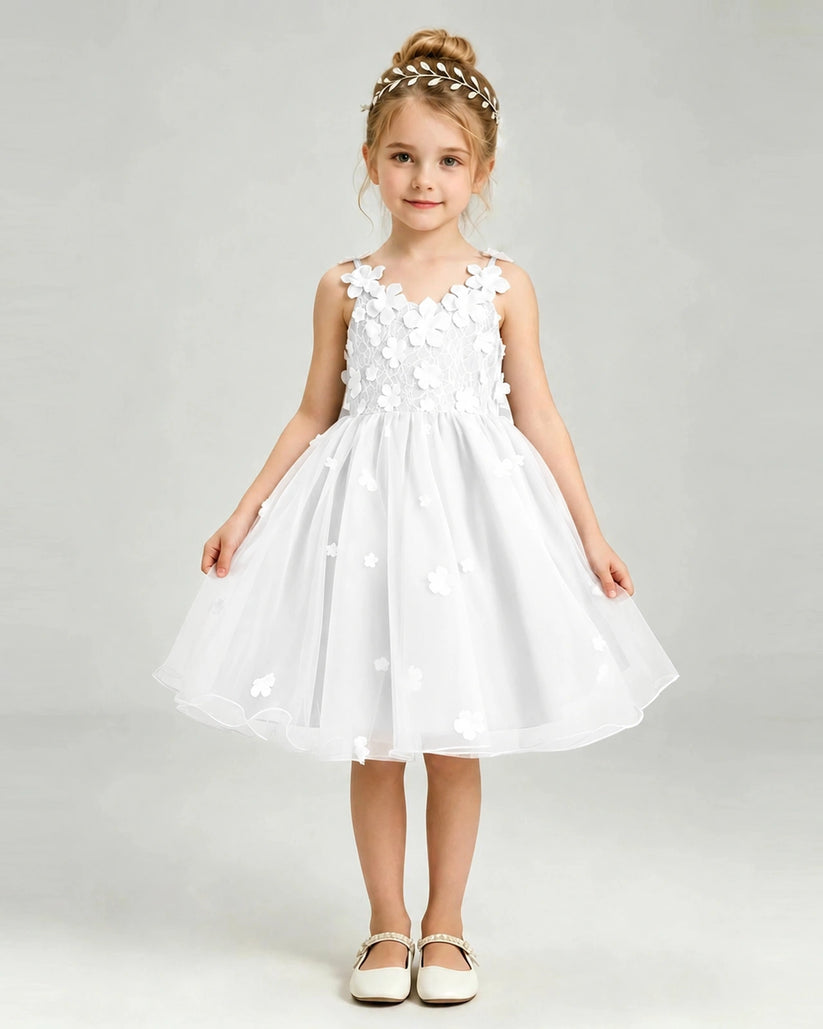 White Tulle A-line Girls Formal Dress Front View