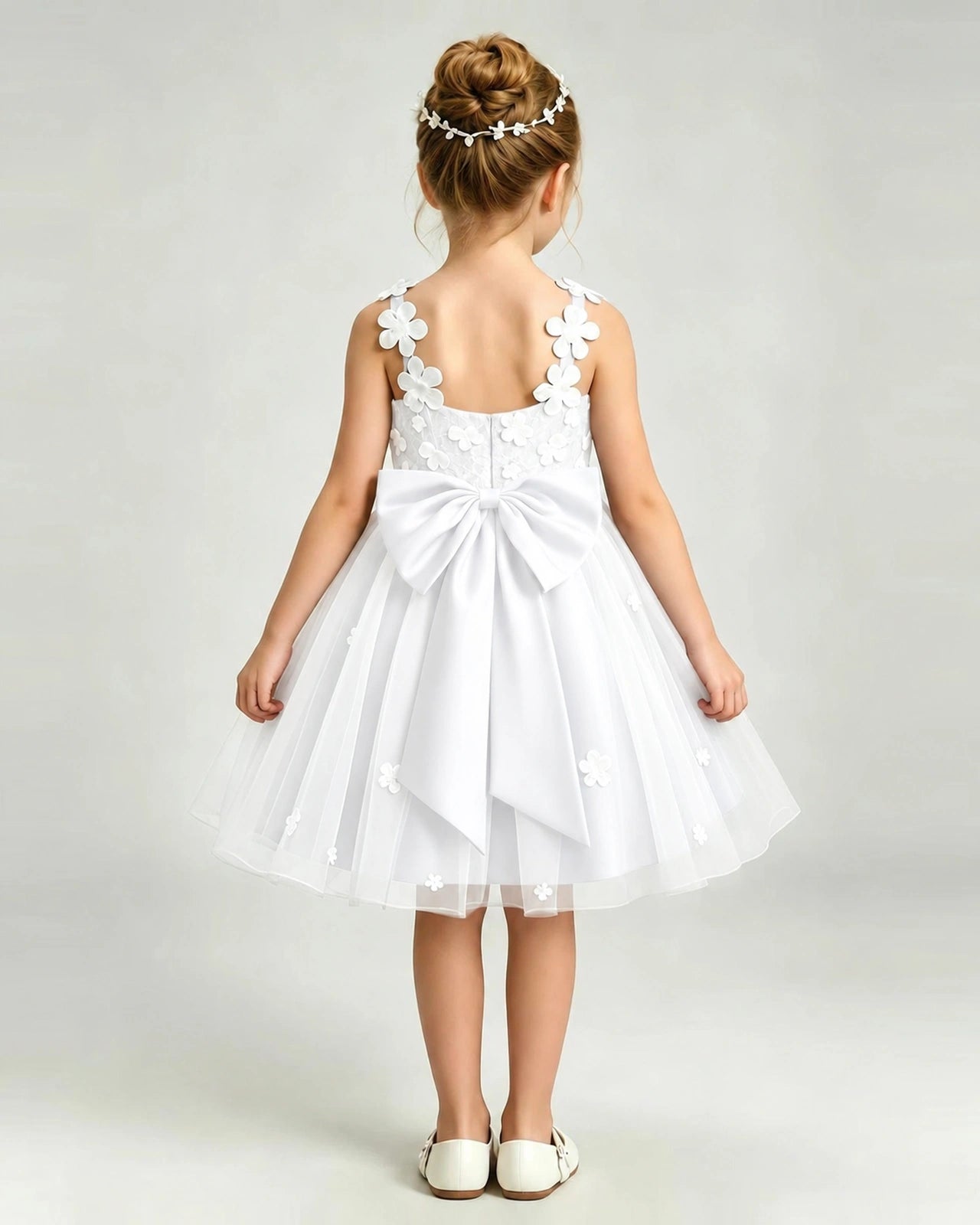 White Flower Girl Dress 3D Floral Applique Spaghetti Strap Knee-Length A-Line Gown Back View