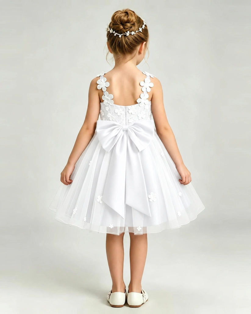 White Tulle A-line Girls Formal Dress Back View