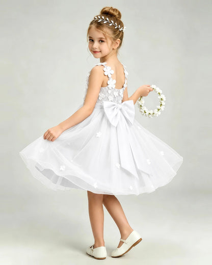 White Flower Girl Dress 3D Floral Applique Spaghetti Strap Knee-Length A-Line Gown Side View