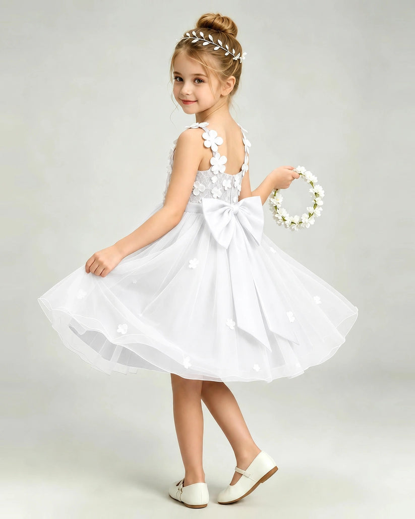 White Tulle A-line Girls Formal Dress Back View