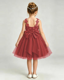 Windred Flower Girl Dress 3D Floral Applique Spaghetti Strap Knee-Length A-Line Gown Back View