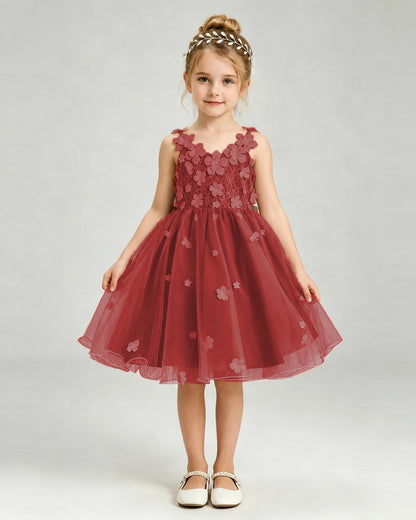 Windred Flower Girl Dress 3D Floral Applique Spaghetti Strap Knee-Length A-Line Gown Front View