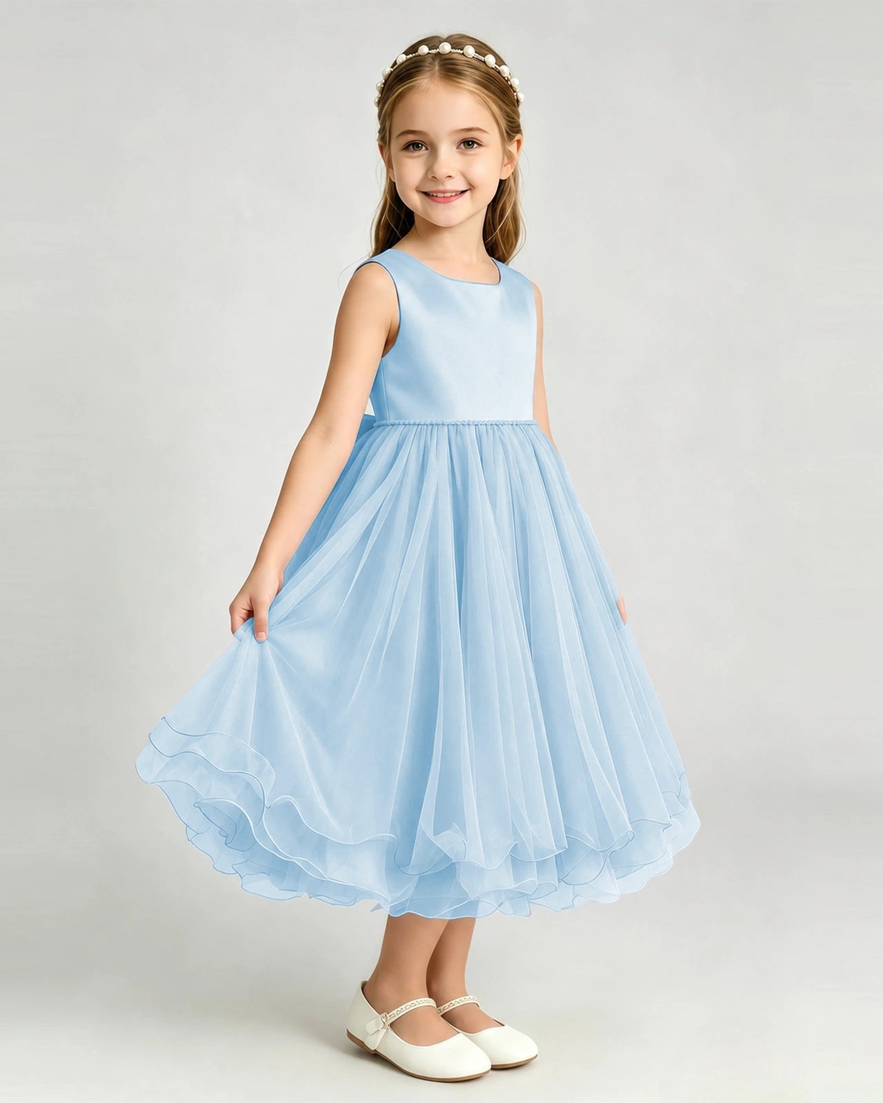 Baby Blue Flower Girl Dress Sleeveless Layered Chiffon Knee-Length A-Line Gown Side View