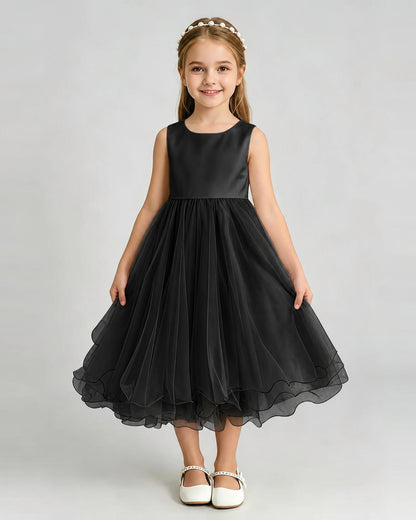 Black Flower Girl Dress Sleeveless Layered Chiffon Knee-Length A-Line Gown Front Full View