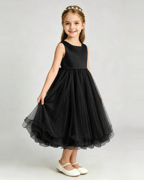 Black Flower Girl Dress Sleeveless Layered Chiffon Knee-Length A-Line Gown Side View