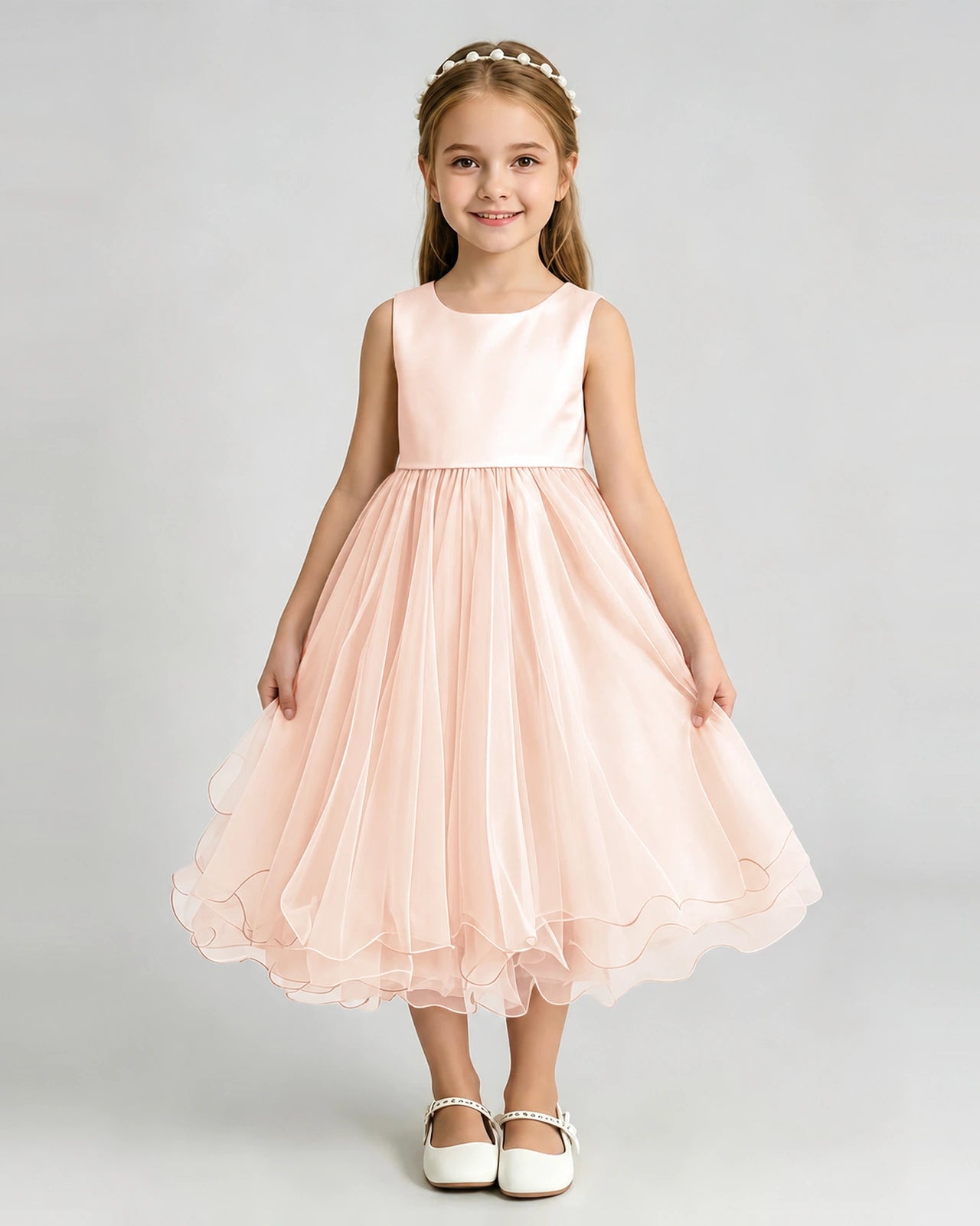 Blush Pink Flower Girl Dress Sleeveless Layered Chiffon Knee-Length A-Line Gown Front Full View