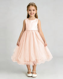 Blush Pink Flower Girl Dress Sleeveless Layered Chiffon Knee-Length A-Line Gown Front Full View