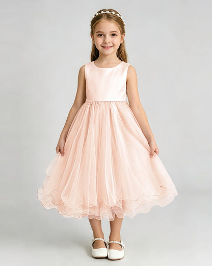 Blush Pink Flower Girl Dress Sleeveless Layered Chiffon Knee-Length A-Line Gown Front Full View