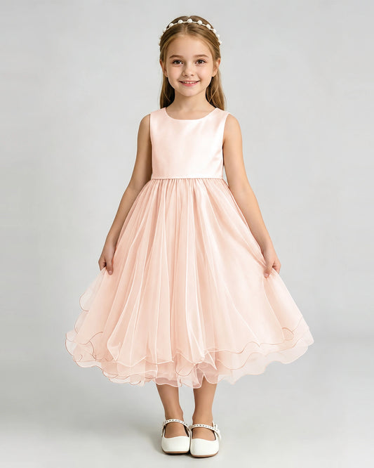 Blush Pink Tulle A-line Girls Formal Dress Front View