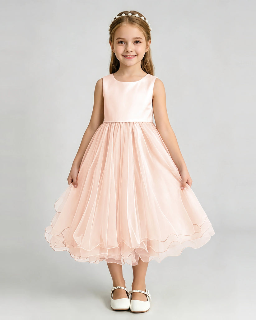 Blush Pink Tulle A-line Girls Formal Dress Front View