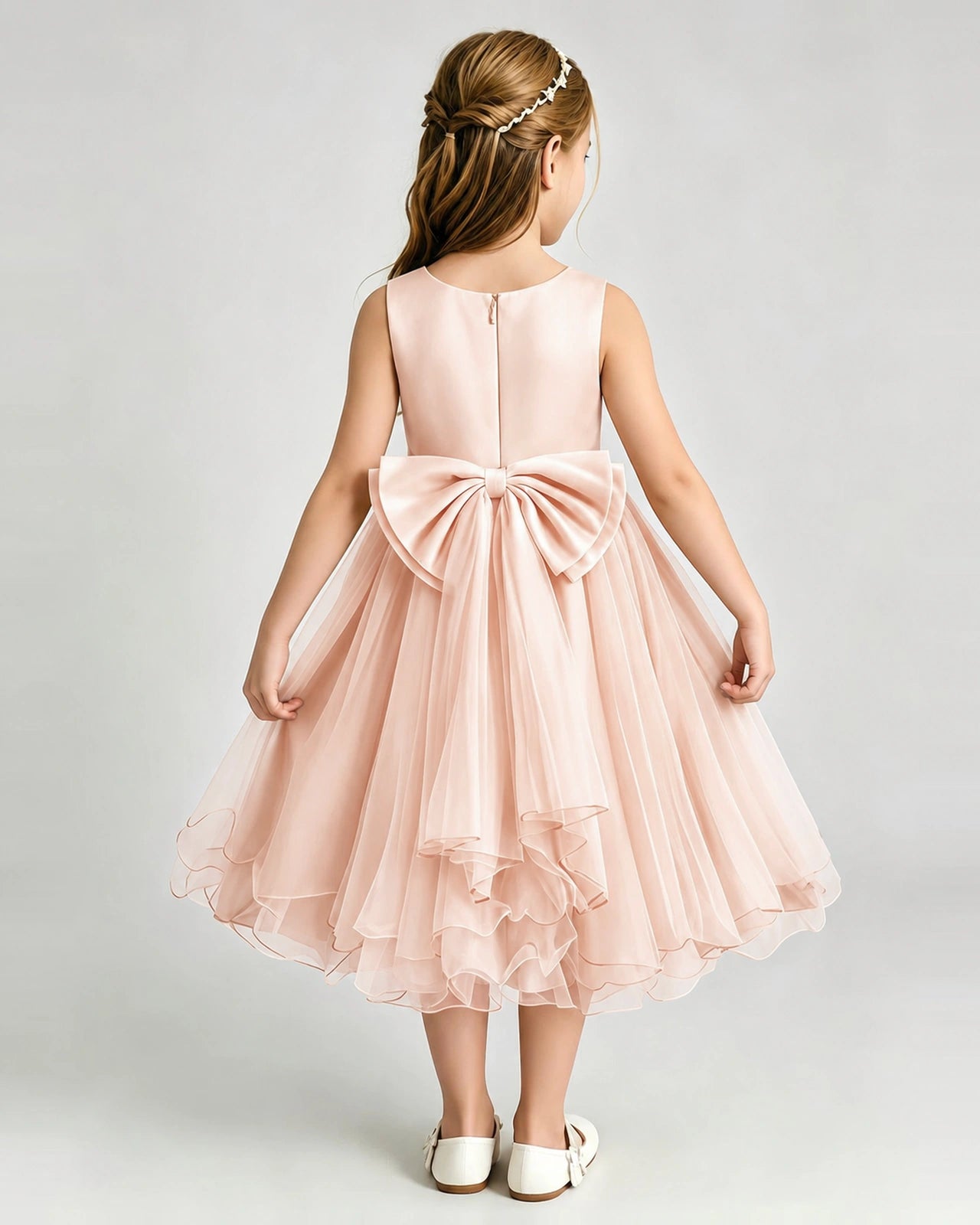 Blush Pink Flower Girl Dress Sleeveless Layered Chiffon Knee-Length A-Line Gown Back View