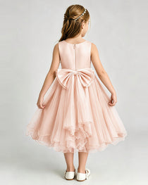 Blush Pink Flower Girl Dress Sleeveless Layered Chiffon Knee-Length A-Line Gown Back View