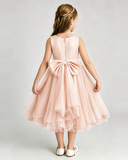 Blush Pink Flower Girl Dress Sleeveless Layered Chiffon Knee-Length A-Line Gown Back View
