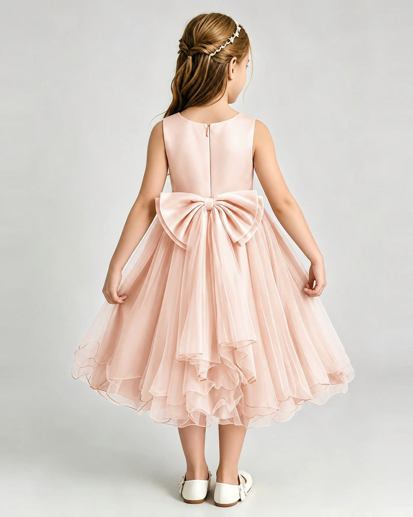Blush Pink Satin A-line Girls Formal Dress Back View