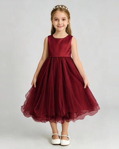 Burgundy Flower Girl Dress Sleeveless Layered Chiffon Knee-Length A-Line Gown Front Full View
