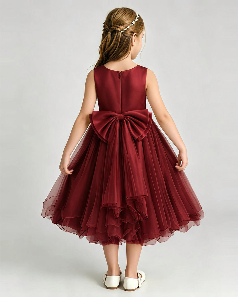 Burgundy Tulle A-line Girls Formal Dress Back View