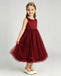 Burgundy Flower Girl Dress Sleeveless Layered Chiffon Knee-Length A-Line Gown Side View