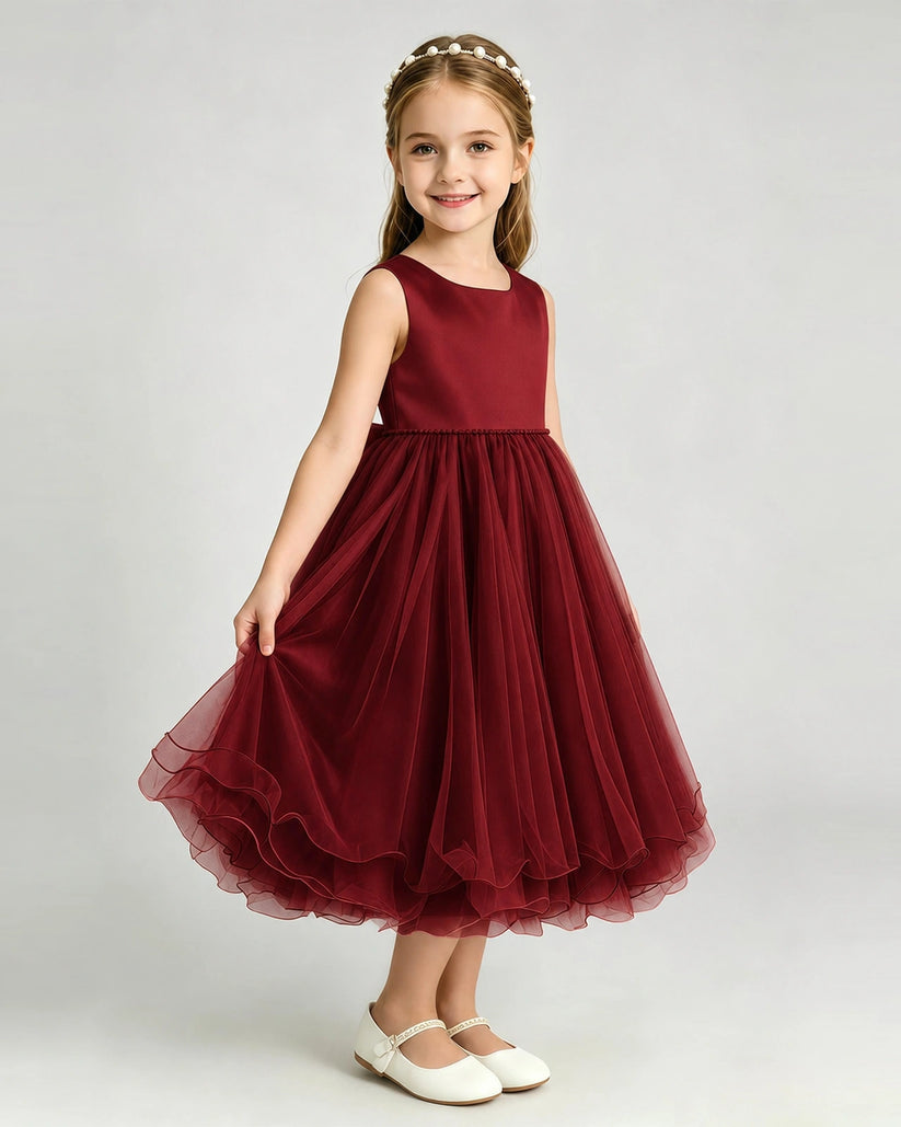 Burgundy Tulle A-line Girls Formal Dress Front View