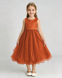 Burnt Orange Flower Girl Dress Sleeveless Layered Chiffon Knee-Length A-Line Gown Front Full View