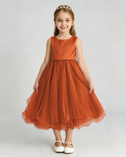 Burnt Orange Flower Girl Dress Sleeveless Layered Chiffon Knee-Length A-Line Gown Front Full View