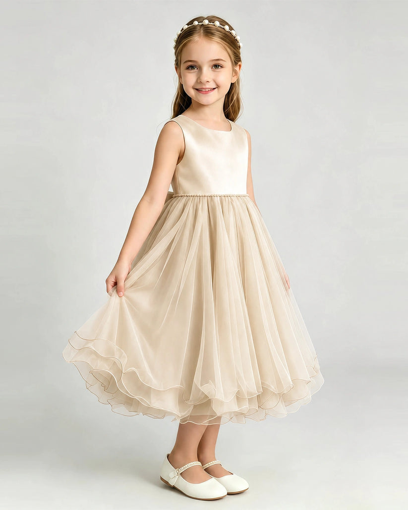 Champagne Tulle A-line Girls Formal Dress Front View