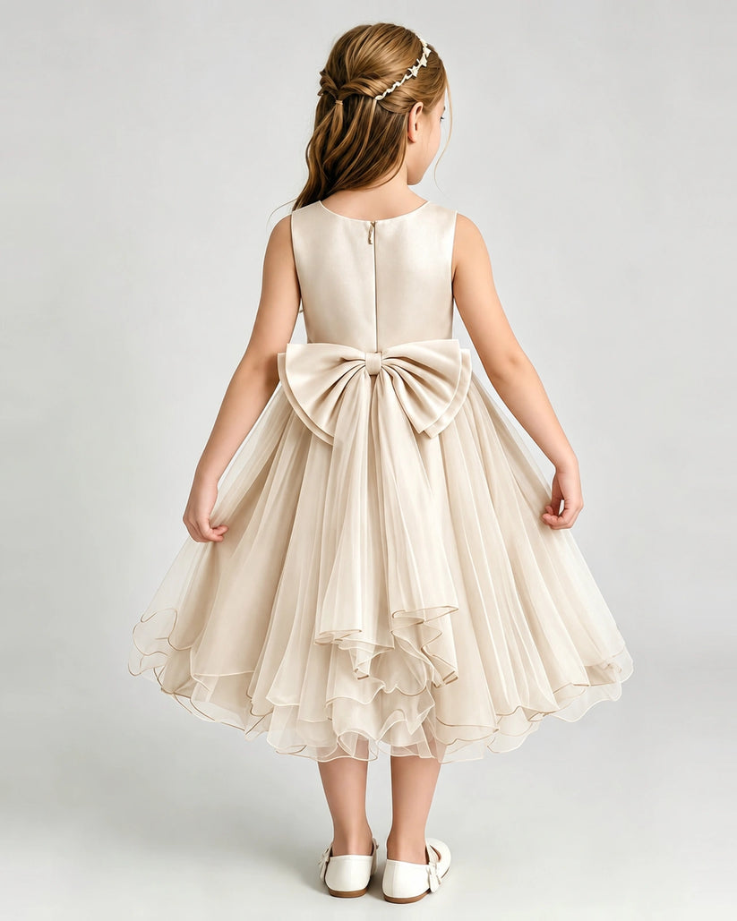Champagne Tulle A-line Girls Formal Dress Back View