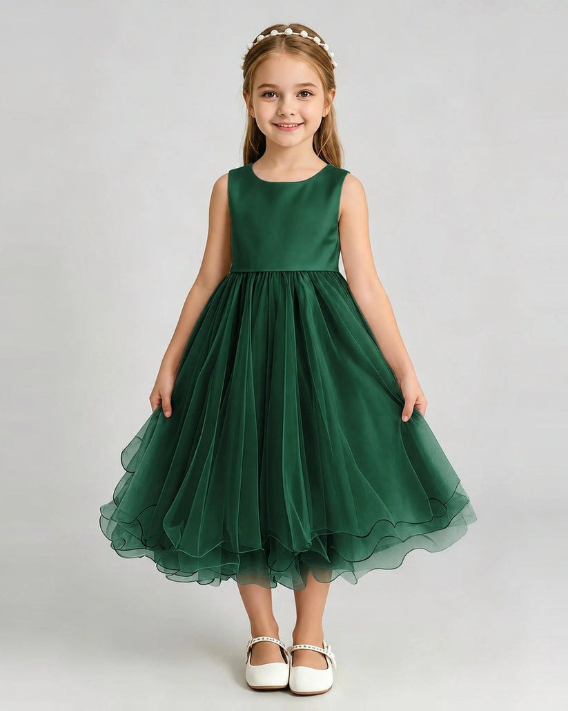 Dark Green Tulle A-line Girls Formal Dress Front View