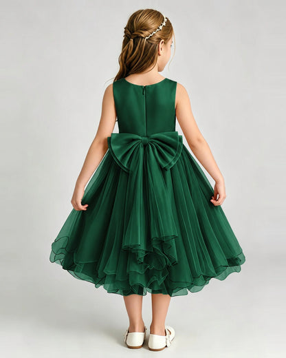 Dark Green Flower Girl Dress Sleeveless Layered Chiffon Knee-Length A-Line Gown Back View