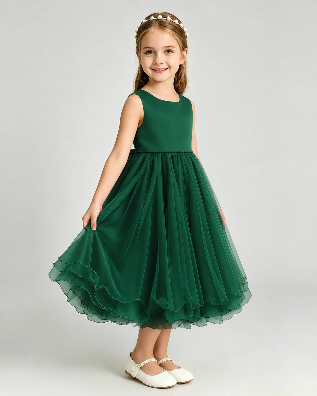 Dark Green Flower Girl Dress Sleeveless Layered Chiffon Knee-Length A-Line Gown Side View