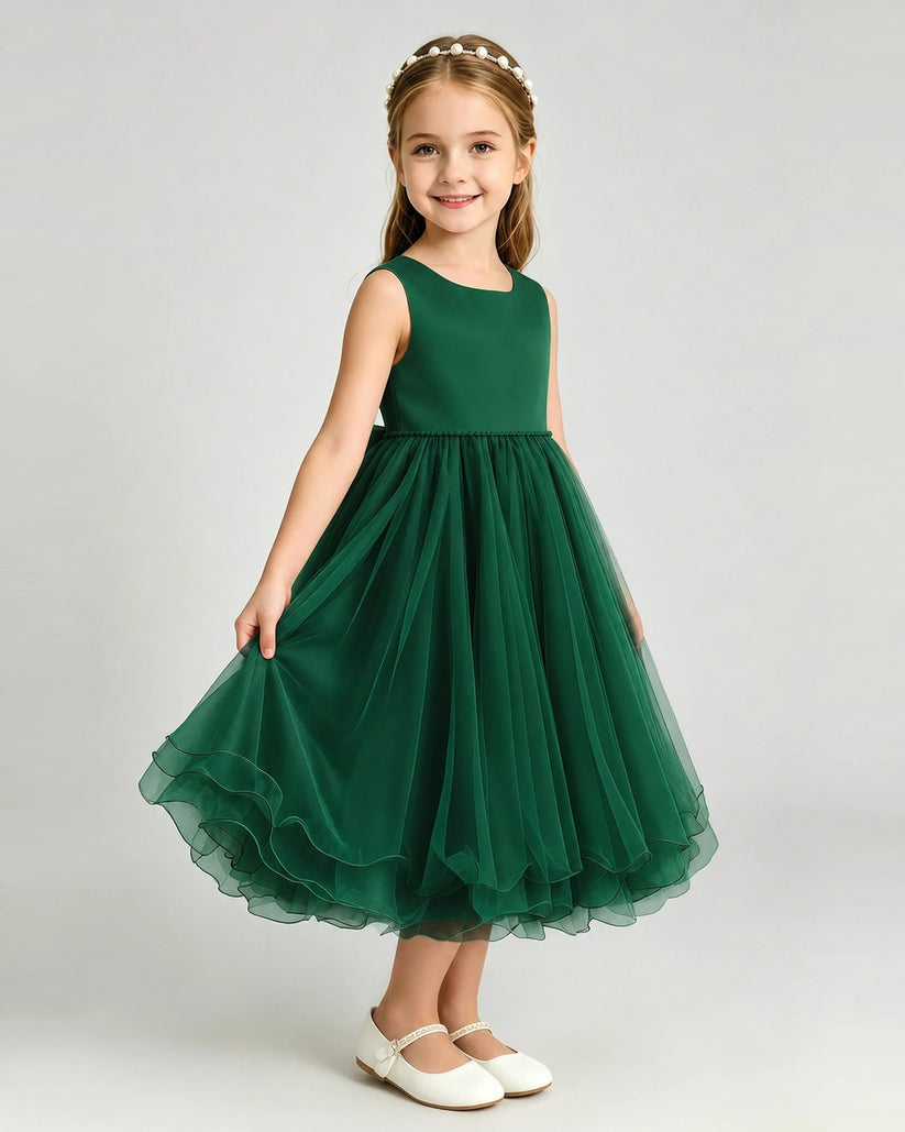 Dark Green Tulle A-line Girls Formal Dress Front View