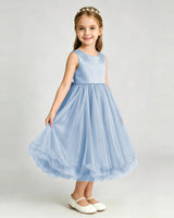 Dusty Blue Tulle A-line Girls Formal Dress Front View