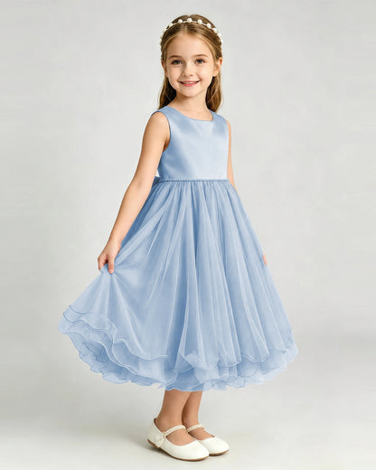 Dusty Blue Flower Girl Dress Sleeveless Layered Chiffon Knee-Length A-Line Gown Side View