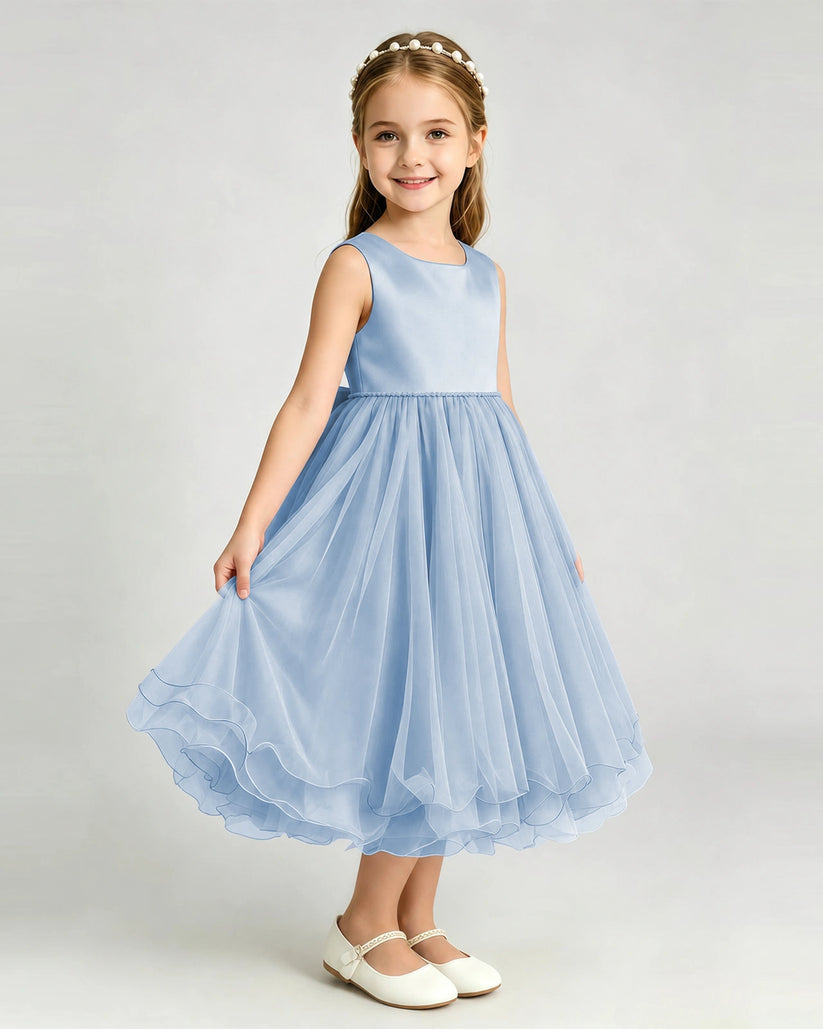 Dusty Blue Tulle A-line Girls Formal Dress Front View