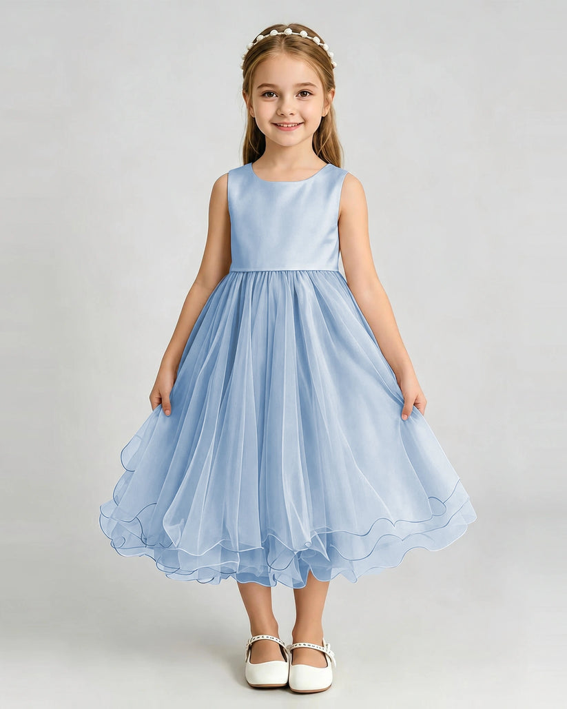 Dusty Blue Tulle A-line Girls Formal Dress Front View