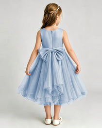 Dusty Blue Flower Girl Dress Sleeveless Layered Chiffon Knee-Length A-Line Gown Back View