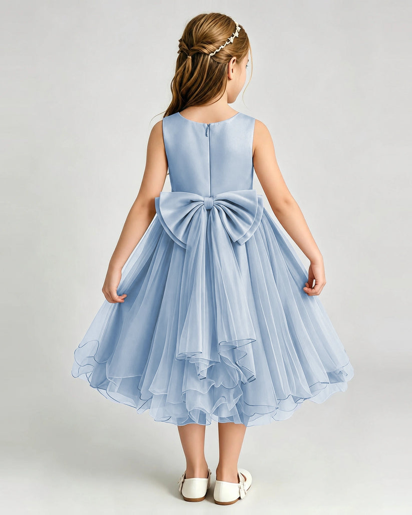 Dusty Blue Tulle A-line Girls Formal Dress Back View