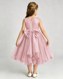 Dusty Rose Flower Girl Dress Sleeveless Layered Chiffon Knee-Length A-Line Gown Back View