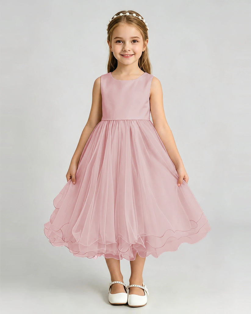 Dusty Rose Tulle A-line Girls Formal Dress Front View