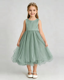Eucalyptus Flower Girl Dress Sleeveless Layered Chiffon Knee-Length A-Line Gown Front Full View