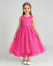 Hot Pink Flower Girl Dress Sleeveless Layered Chiffon Knee-Length A-Line Gown Front Full View