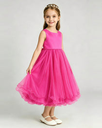 Hot Pink Flower Girl Dress Sleeveless Layered Chiffon Knee-Length A-Line Gown Side View
