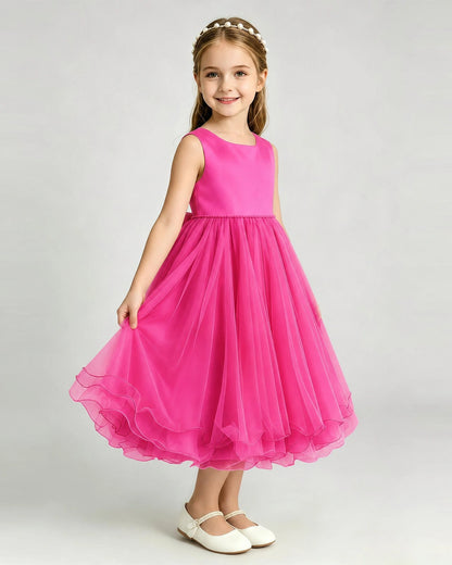 Hot Pink Flower Girl Dress Sleeveless Layered Chiffon Knee-Length A-Line Gown Side View