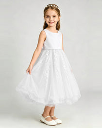Ivory Flower Girl Dress Sleeveless Layered Chiffon Knee-Length A-Line Gown Side View