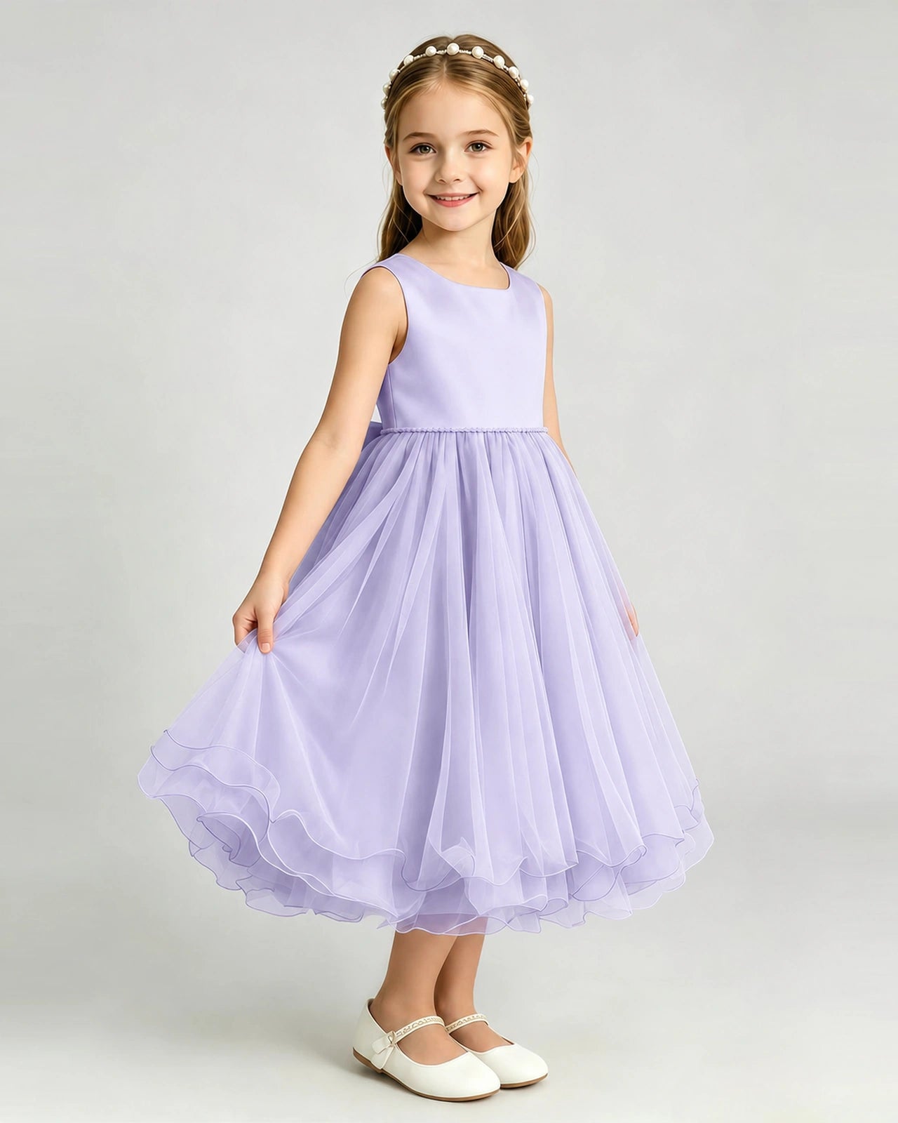 Lavender Flower Girl Dress Sleeveless Layered Chiffon Knee-Length A-Line Gown Side View
