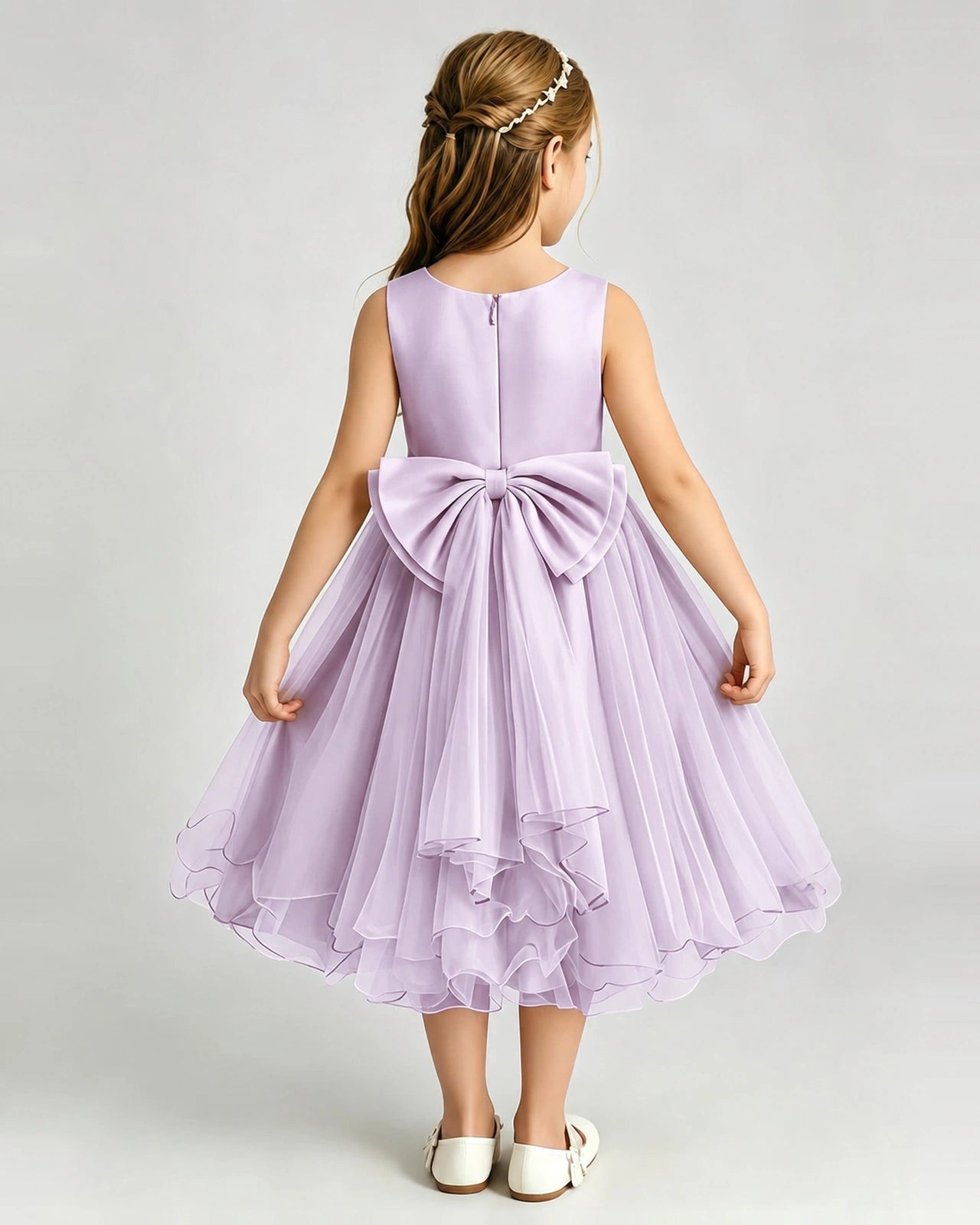 Lilac Flower Girl Dress Sleeveless Layered Chiffon Knee-Length A-Line Gown Back View