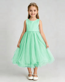 Mint Green Flower Girl Dress Sleeveless Layered Chiffon Knee-Length A-Line Gown Front Full View