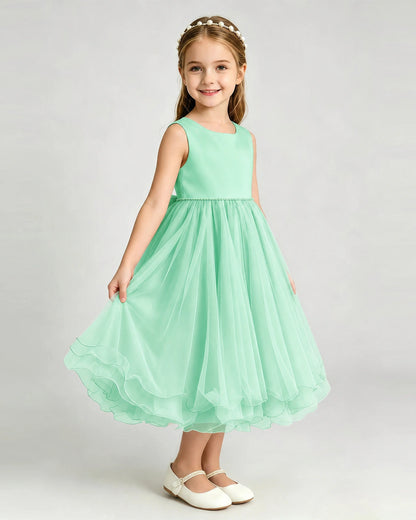 Mint Green Flower Girl Dress Sleeveless Layered Chiffon Knee-Length A-Line Gown Side View